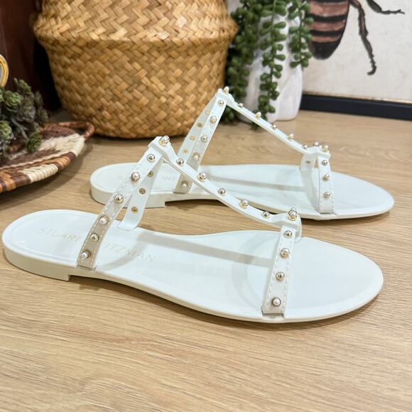 STUART WEITZMAN Jelly Sandals Size 8 White Mellie Pearlstud Slides - Picture 3 of 10